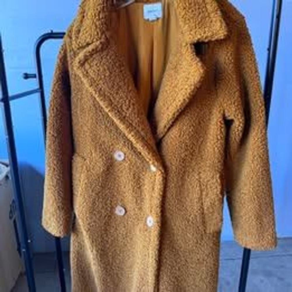 Nine West Women Mustard Yellow Teddy Coat Double Breasted Faux Shearling Size M